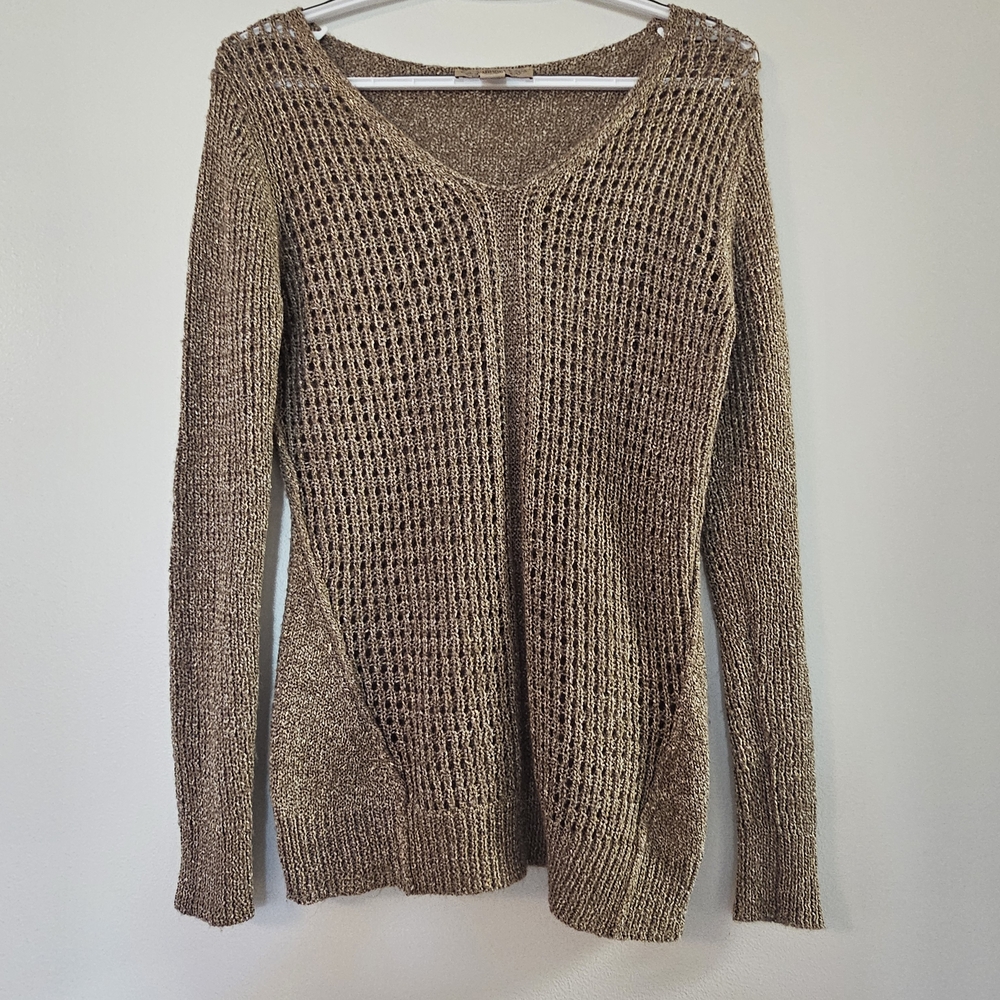Vintage America Tan Gold V-Neck Sweater with Relaxed Fit Knit Cozy Coastal Small